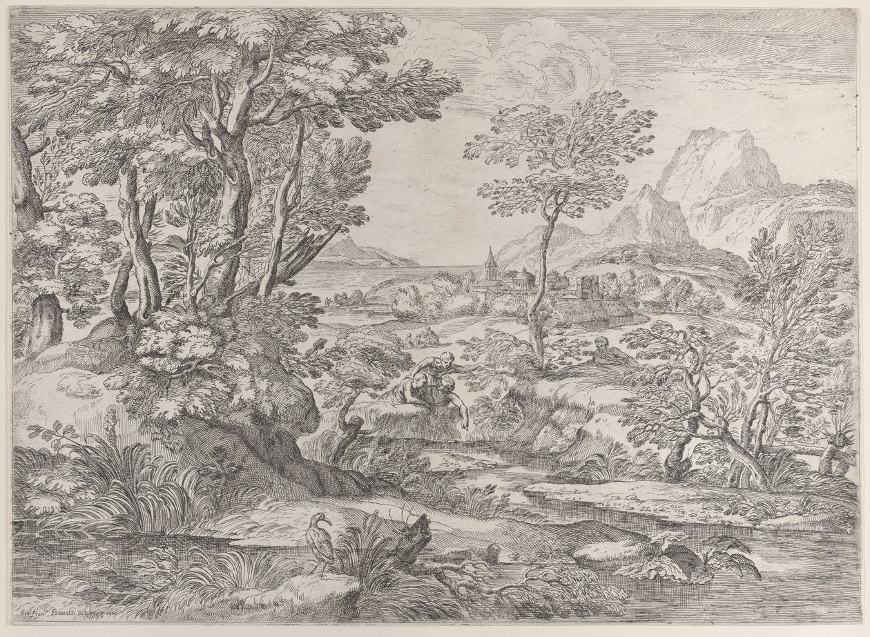 Tre drenge i et landskab med en by i baggrunden, 1626-80. af Giovanni Francesco Grimaldi