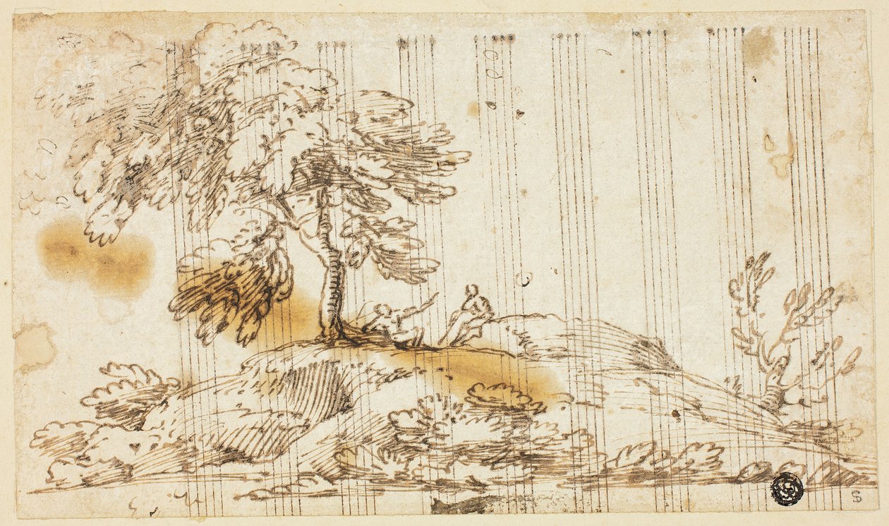 To mænd siddende under træet på bjergsiden af Giovanni Francesco Grimaldi