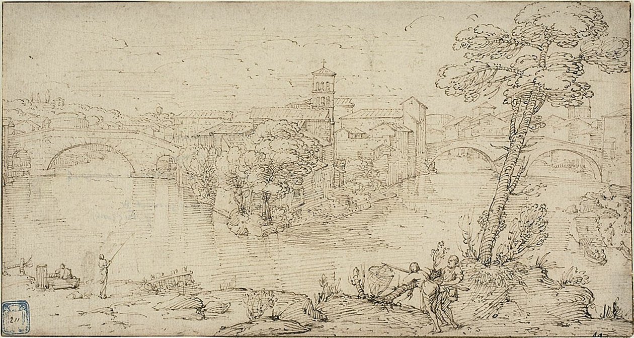 Udsigt over Isola Tiberina af Giovanni Francesco Grimaldi