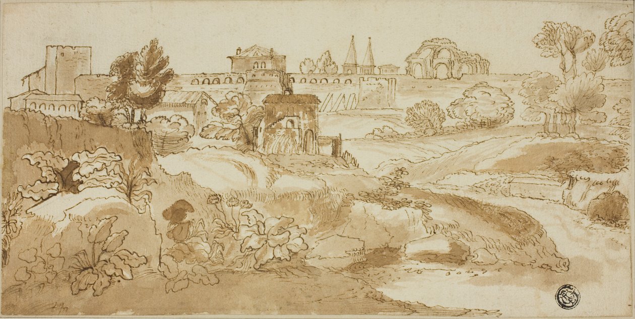 Udsigt over Rom med Via Appia af Giovanni Francesco Grimaldi
