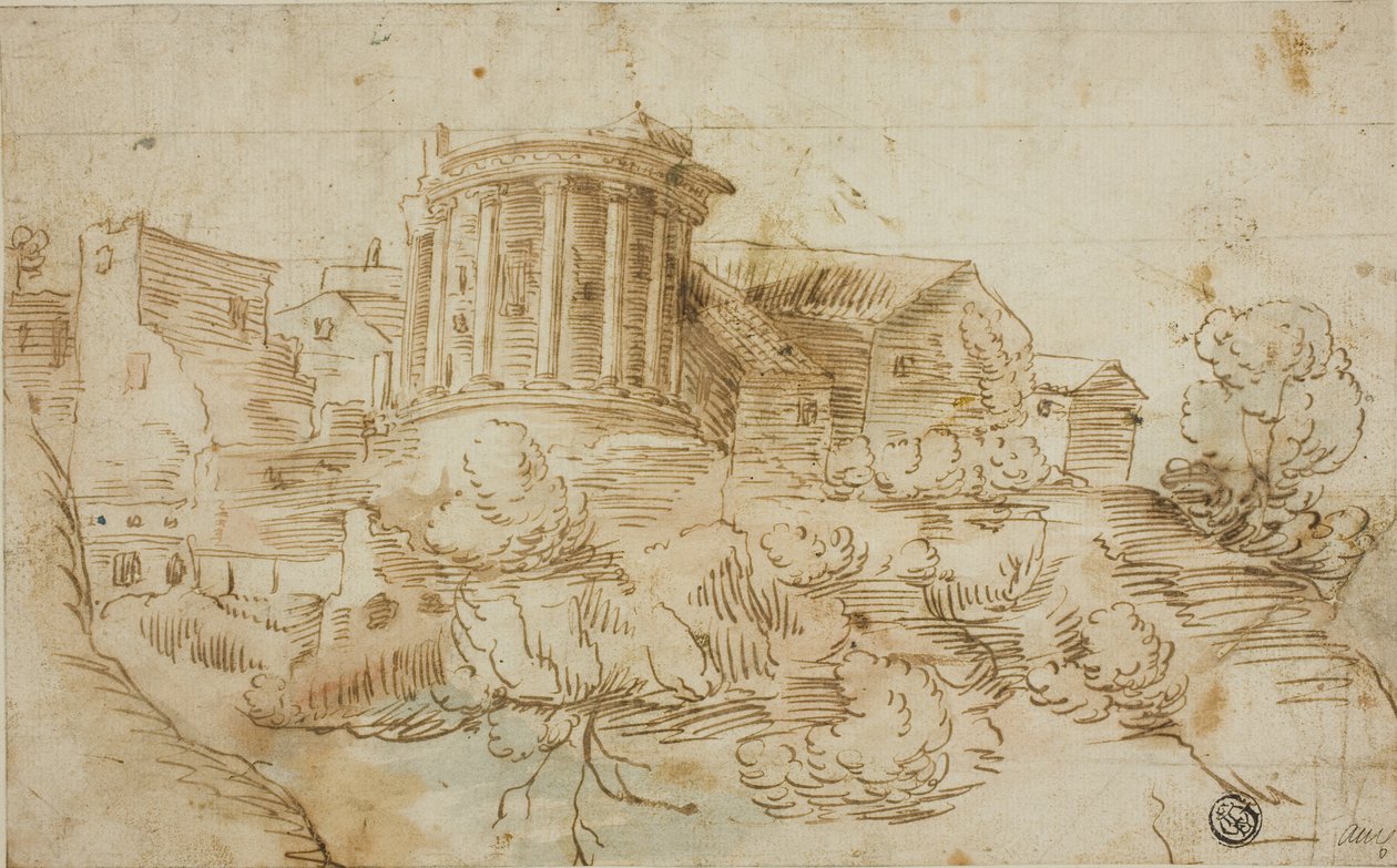 Udsigt over Vesta-templet, Tivoli af Giovanni Francesco Grimaldi