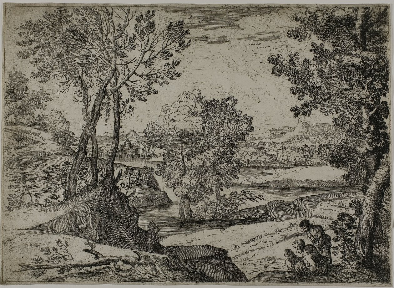 Kvinde, hendes barn og en stående mand i et landskab af Giovanni Francesco Grimaldi