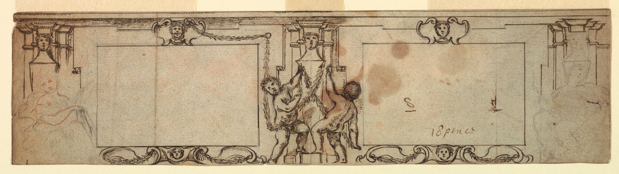 Tegning, projekt til udskåret panel, 1650 af Giovanni Francesco Romanelli
