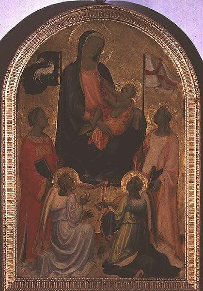 Madonna og barn med St. Stephen og St. Ursula (tempera på panel) af Giovanni Francesco Toscani