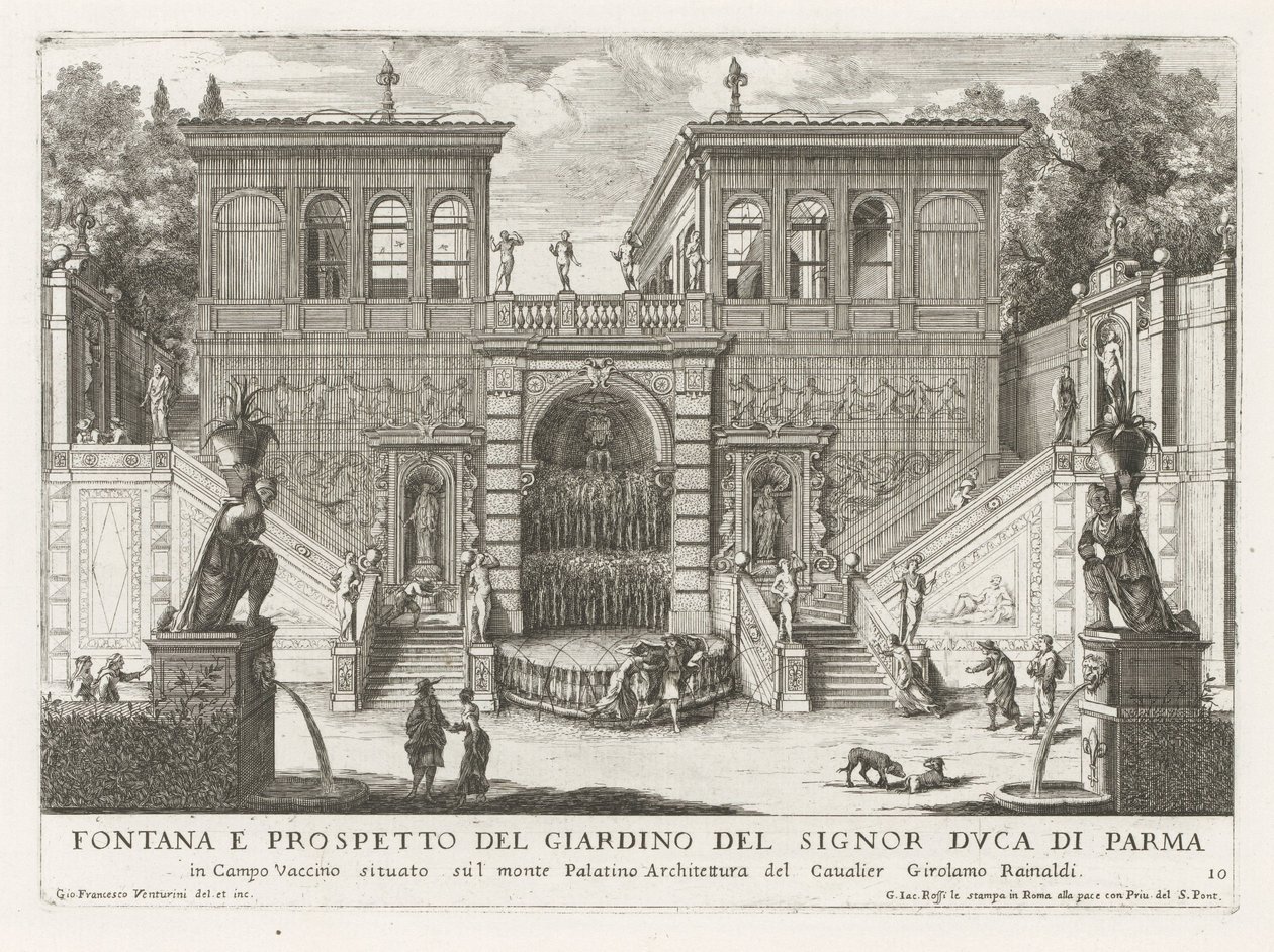 Farnesische Tuinen te Rom Springvand og forhøjning af hertugen af ​​Parmas have (...) (titel på objektet) Springvandene i Roms paladser og haver (serietitel) Fonteinen in de paleizen en tuinen van Rome (serietitel) af Giovanni Francesco Venturini