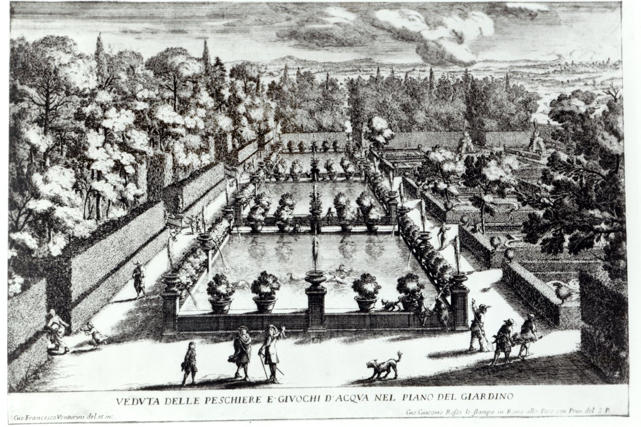Fiskedamme ved Villa dEste, Tivoli, fra Le Fontane af Giovanni Battista Falda (ca. 1648-1787), udgivet af 1689 af Giovanni Francesco Venturini