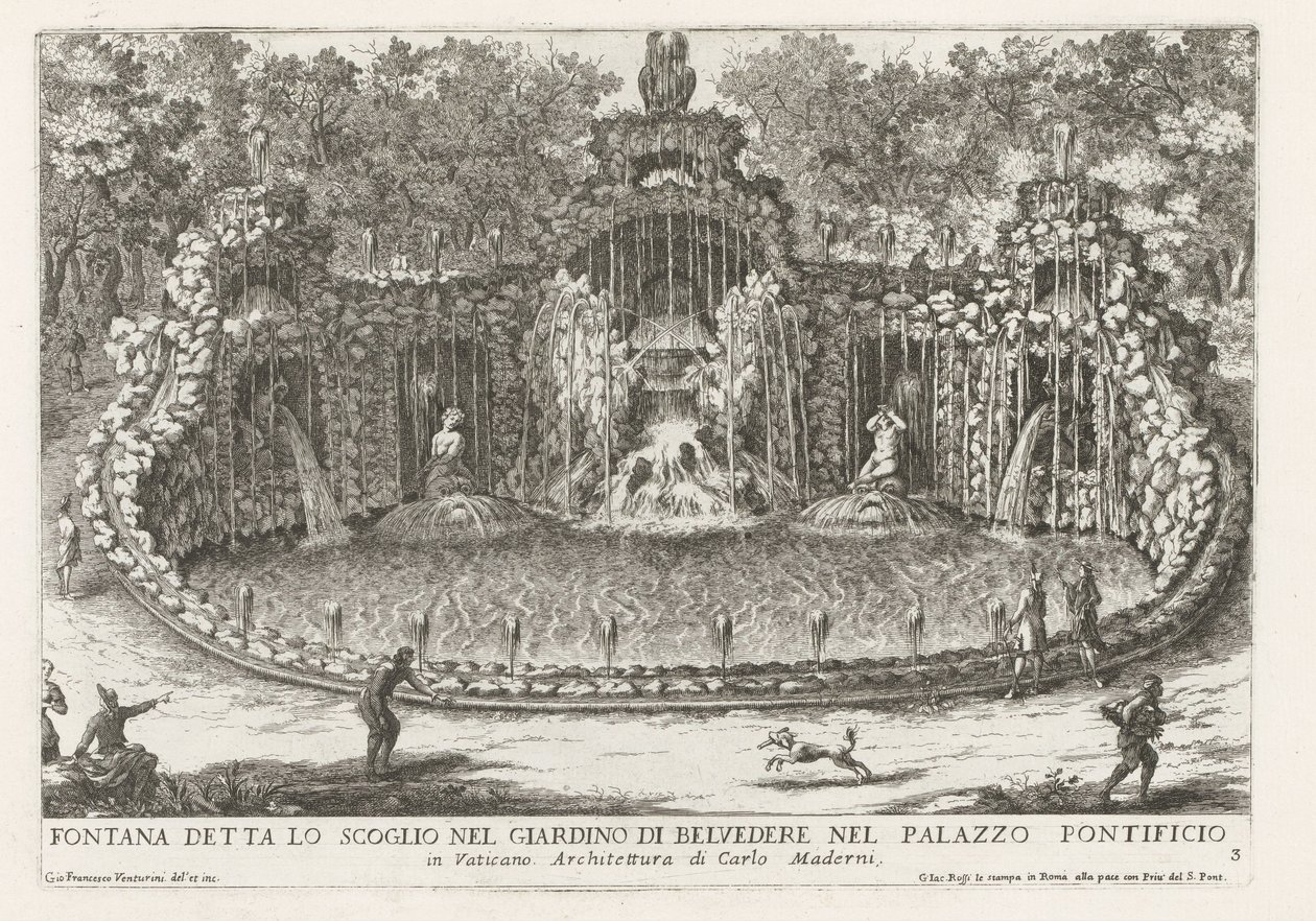 Drakens springvand i de Vaticaanse tuinen Springvand kaldet klippen i Belvedere-haven i pavepaladset (...) (titel på objektet) Springvandene i Roms paladser og haver (serietitel) Fonteinen in de paleizen en tuinen van Rome (serie af Giovanni Francesco Venturini