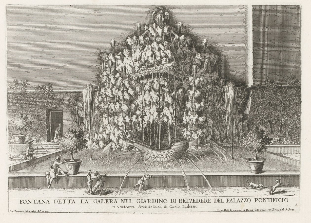 Fountain of the Galera i de Vaticaanse tuinen Springvand kaldet kabyssen i Belvedere-haven til pavepaladset (...) (titel på objektet) Springvandene i Roms paladser og haver (serietitel) Fonteinen in de paleizen en tuinen van Rome (serie af Giovanni Francesco Venturini