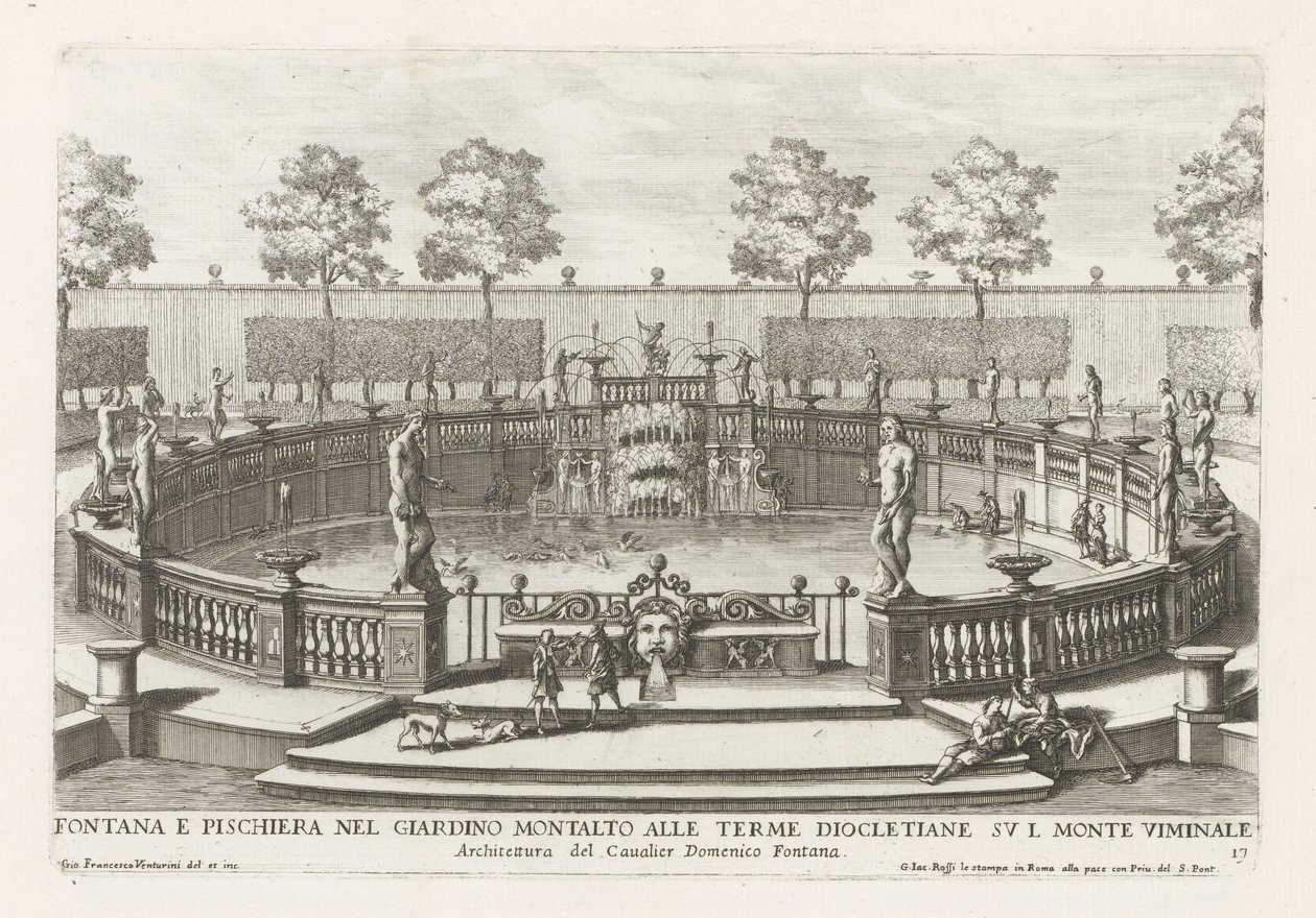 Springvand og fiskedam i haverne til Villa Montalto i Rom Fontana e pischiera nel giardino Montalto alle Terme Diocletiane (...) (titel på objektet) Le fontane ne palazzi e ne giardini di Roma (serietitel) Springvand i paladser og haver i Ro af Giovanni Francesco Venturini