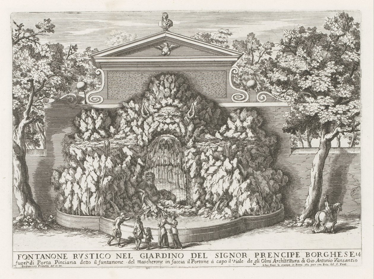 Fontein in de Villa Borghese te Rom Rustikt springvand i Mr. precipe Borgheses have (...) (titel på objektet) Springvandene i Roms paladser og haver (serietitel) Fonteinen in de paleizen en tuinen van Rome (serietitel) af Giovanni Francesco Venturini