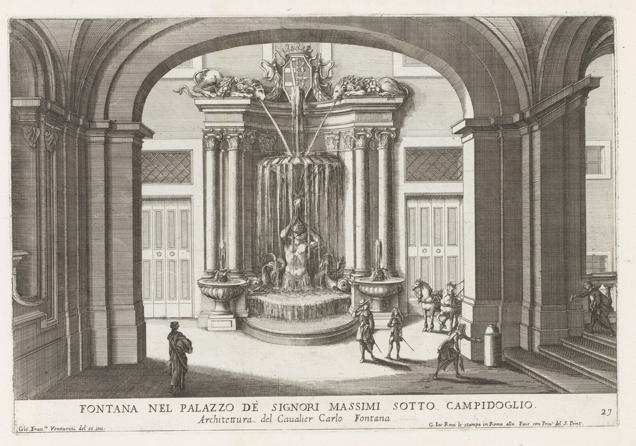 Fontein på den indendørs plads af Palazzo Massimo di Rignano te Rom Springvand i Palazzo de Signori Massimi under Campidoglio (titel på objekt) Springvandene i Roms paladser og haver (serietitel) Fonteinen in de paleizen en tuinen van Rome (seriøs af Giovanni Francesco Venturini