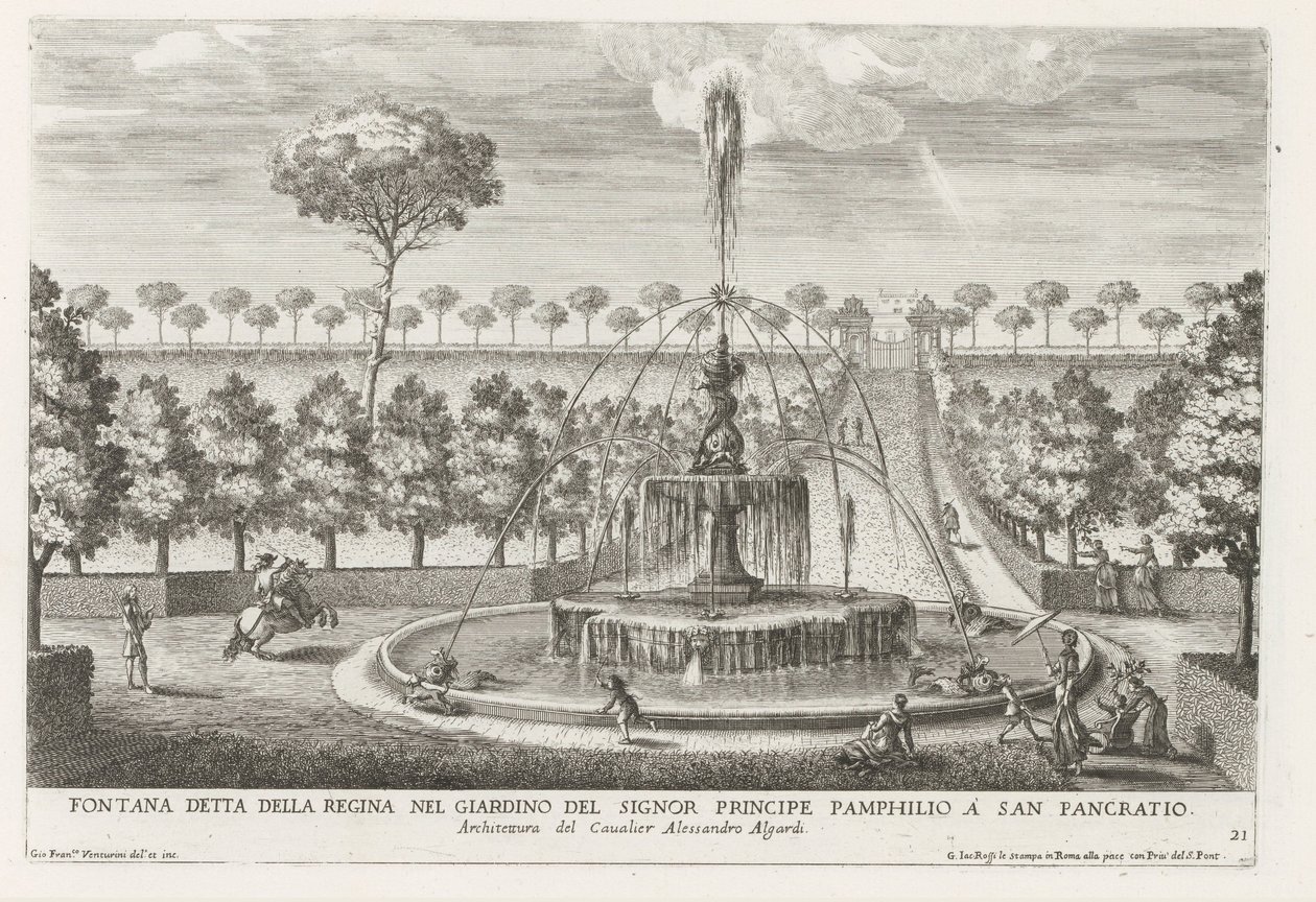 Fontein in de tuinen af ​​Villa Doria Pamphilj te Rom Springvand kendt som dronningen i prins Pamphilios have i San Pancratio (titel på objektet) Springvandene i Roms paladser og haver (serietitel) Fonteinen in de paleizen en tuinen v af Giovanni Francesco Venturini