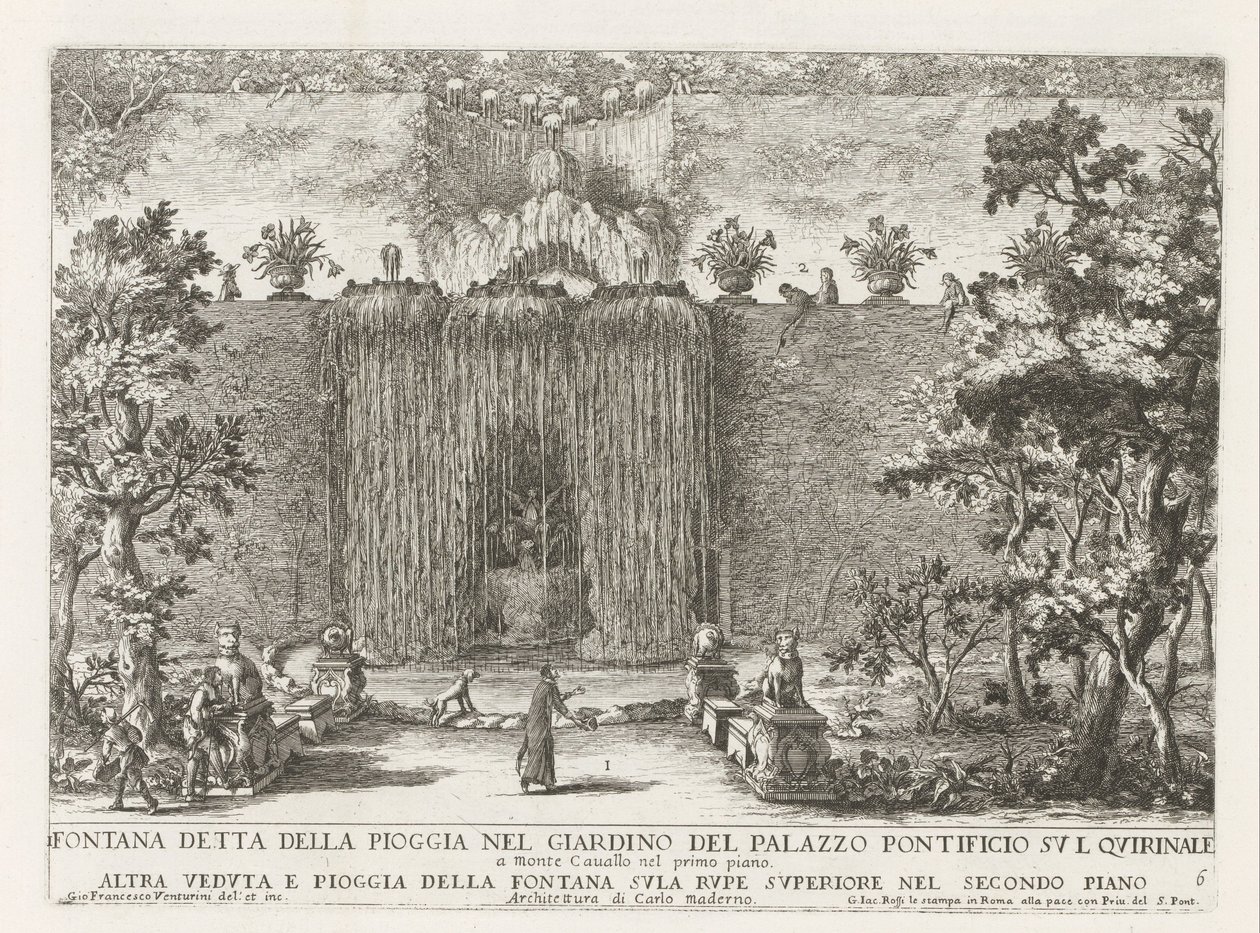 Fontein in de tuinen af ​​Quirinal Palace i Rom Fontæne kendt som regnen i haven til pavepaladset på Quirinale (...) (titel på objektet) Springvandene i Roms paladser og haver (serietitel) Fonteinen in de paleizen en tuine af Giovanni Francesco Venturini