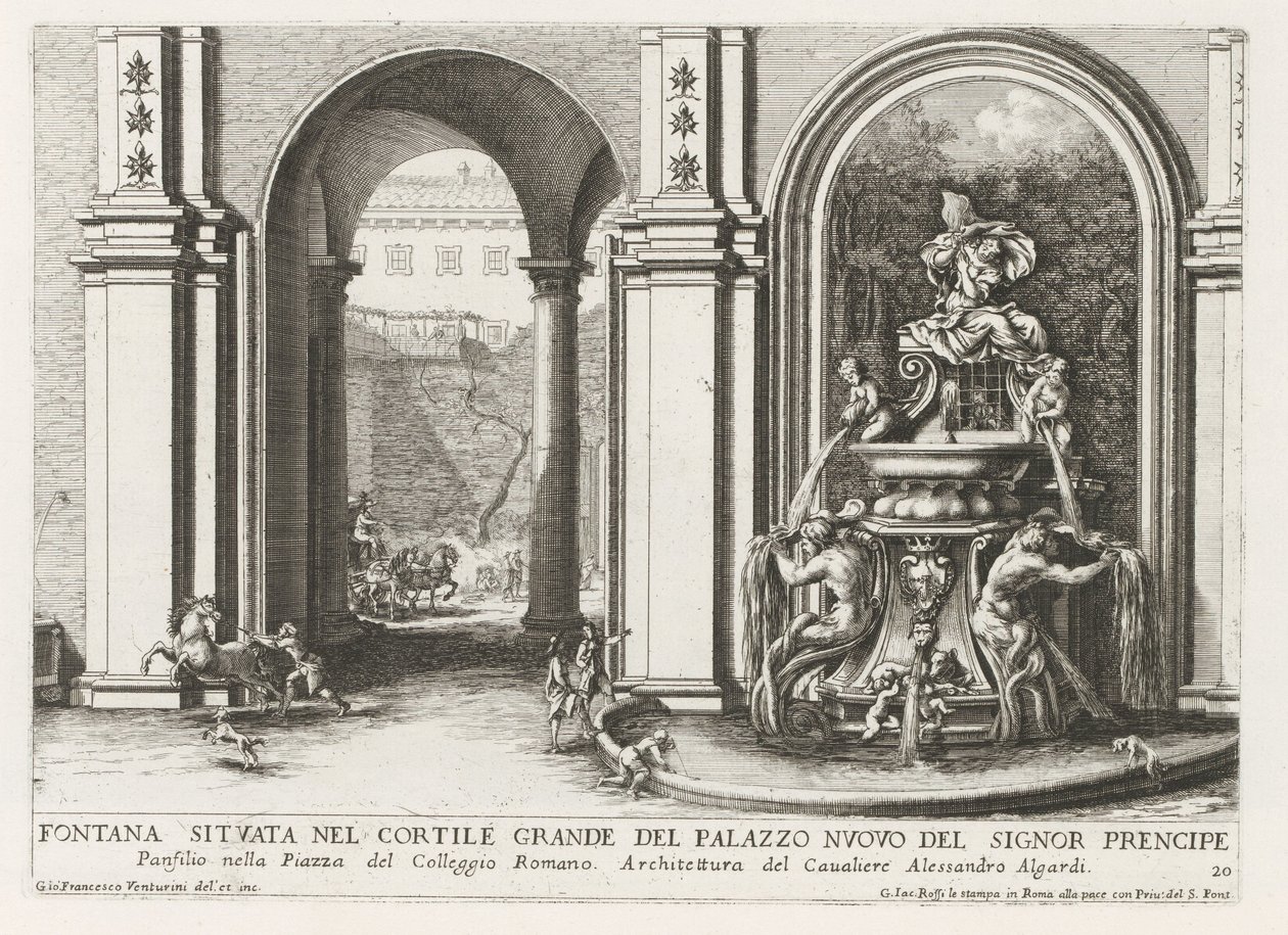 Fontein på en indendørsplads af Palazzo Doria Pamphilj i Rom Springvand placeret i den store gårdhave i Palazzo Nuovo del Signor-bygningen (...) (titel på objektet) Springvandene i Roms paladser og haver (serietitel) Fonteinen in de paleizen en tu af Giovanni Francesco Venturini