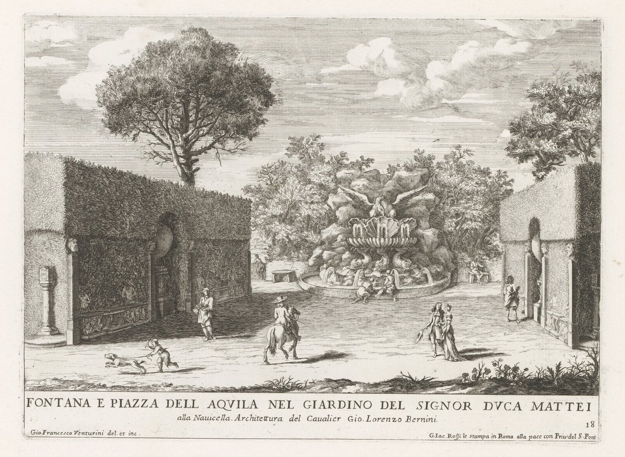 Fontein mødte adelaar i de tuinen af ​​Villa Celimontana te Rom Springvand og piazza del aquila i haven hos hr. hertug Mattei (...) (titel på objektet) Springvandene i Roms paladser og haver (serietitel) Fonteinen in de paleizen en tuinen van R af Giovanni Francesco Venturini