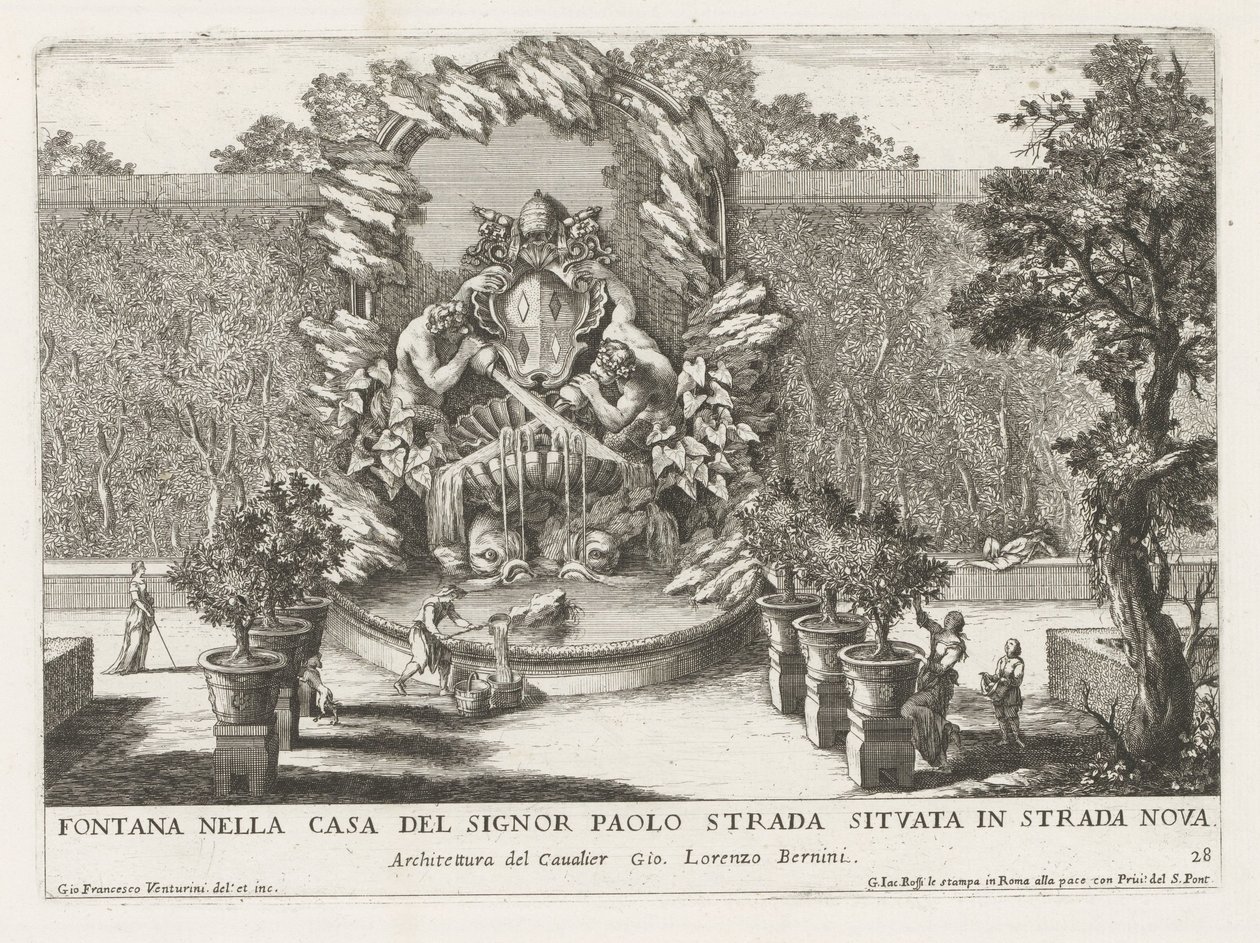 Springvand med et paveligt våbenskjold, to tritoner og delfiner Fontana nella casa del signor Paolo strada situata in strada nova (titel på objekt) Le fontane ne palazzi e ne giardini di Roma (serietitel) Springvand i Roms paladser og haver ( af Giovanni Francesco Venturini