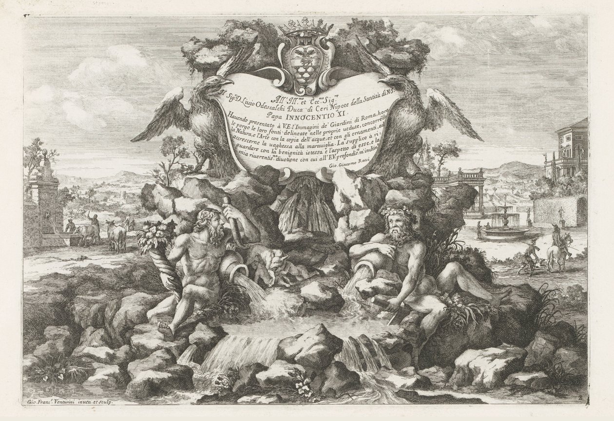 Springvand med dedikation og Livio Odescalchis våbenskjold Le fontane ne palazzi e ne giardini di Roma (serietitel) Springvand i Roms paladser og haver (serietitel) af Giovanni Francesco Venturini