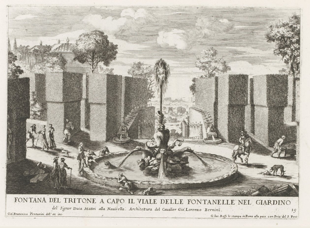 Fontein mødte triton i de tuinen af ​​Villa Celimontana i Rom Triton-fontæne i spidsen af ​​alléen med springvandene i haven (...) (titel på objektet) Springvandene i Roms paladser og haver (serietitel) Fonteinen in de paleizen en tuinen van af Giovanni Francesco Venturini