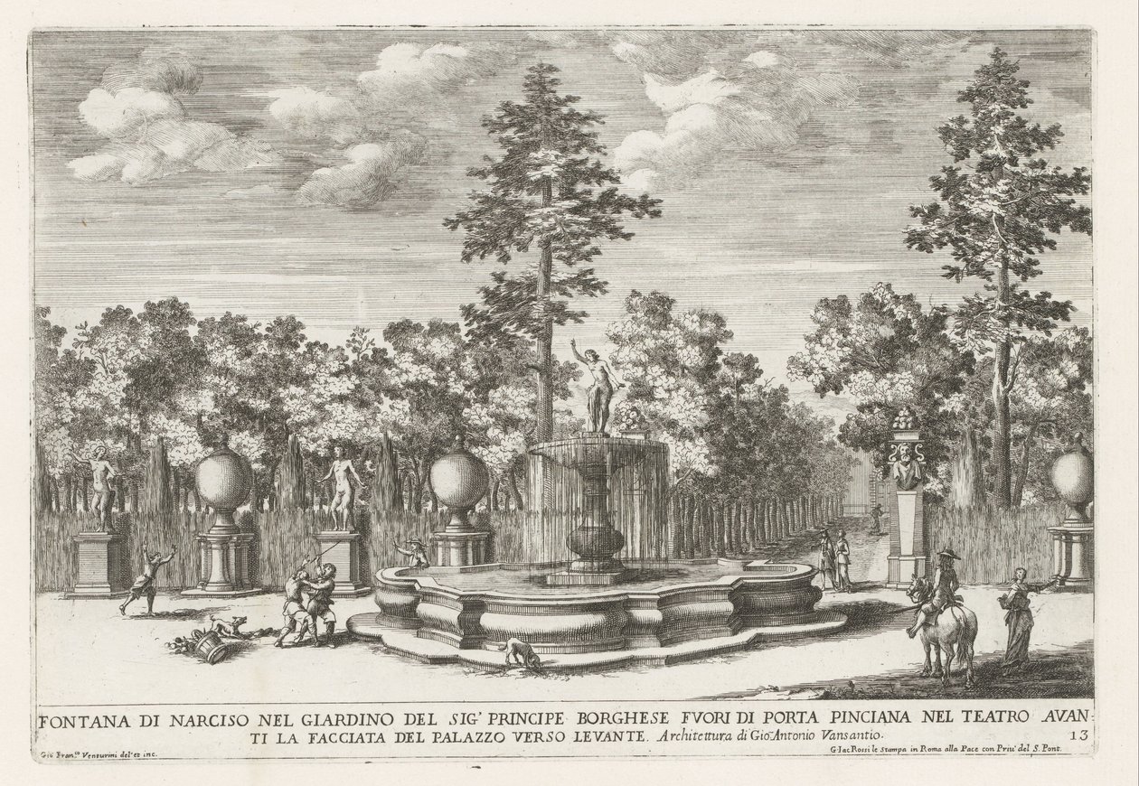 Fontein van Narcissus i Villa Borghese i Rom Narcissus-fontænen i prins Borgheses have (...) (titel på objektet) Springvandene i Roms paladser og haver (serietitel) Fonteinen in de paleizen en tuinen van Rome (serietitel) af Giovanni Francesco Venturini