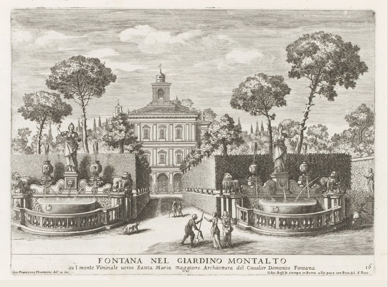 Fonteinen i de tuinen af ​​Villa Montalto Negroni te Rom Springvand i Montalto-haven (...) (titel på objekt) Springvandene i Roms paladser og haver (serietitel) Fonteinen in de paleizen en tuinen van Rome (serietitel) af Giovanni Francesco Venturini