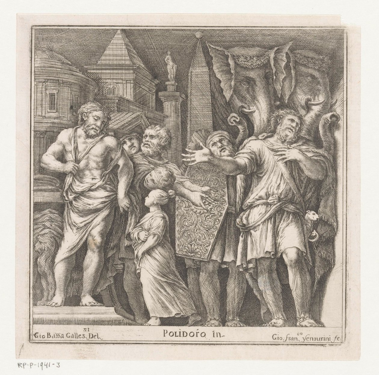 Gruppe af figurer og to elefanter i en by af Giovanni Francesco Venturini
