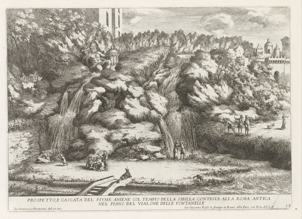Landschap met cascade en Tempel van de Tiburtijnse Sibille t og Tivoli Højde og vandfald af Aniene-floden med sibyllens tempel (...) (titel på objektet) Springvandene i Estense-haven i Tivoli (serietitel) Fonteinen in de tuinen af ​​Villa d