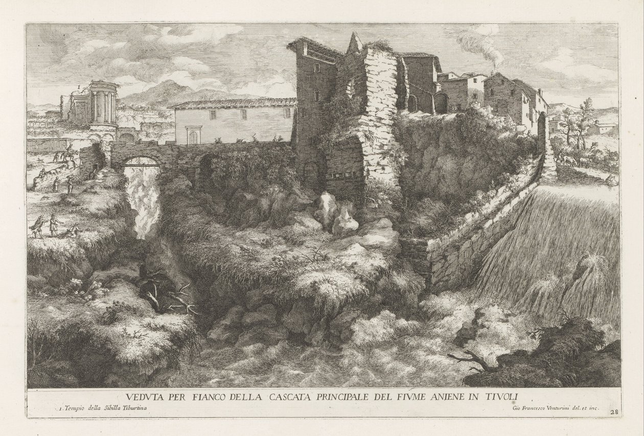 Landschap met waterval en tempel van de Tiburtijnse Sibille t og Tivoli Set fra siden af ​​Aniene-flodens hovedvandfald i Tivoli (titel på objekt) Springvandene i Estense-haven i Tivoli (serietitel) Fonteinen in de tuinen af ​​Villa d