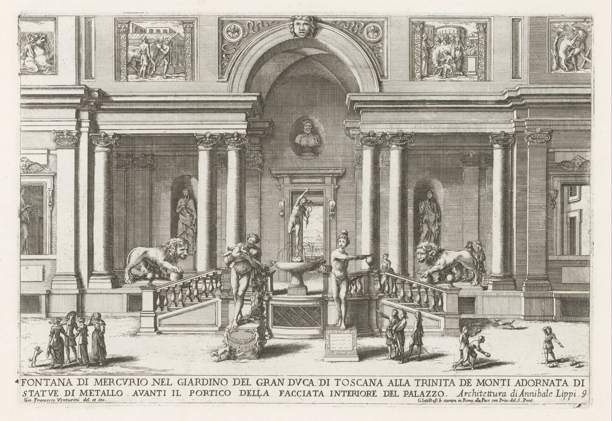 Loggia en tuin af Villa Medici te Rom Kviksølvfontæne i storhertugen af ​​Toscanas have ved Trinita de Monti (...) (titel på objektet) Springvandene i Roms paladser og haver (serietitel) Fonteinen in de paleizen en tuinen van Rom (se af Giovanni Francesco Venturini