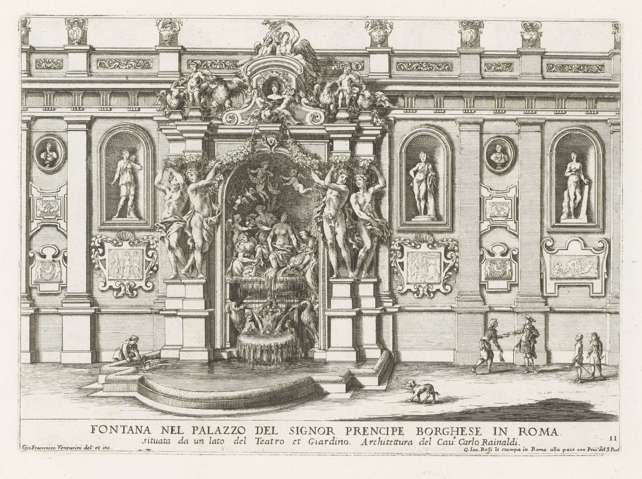 Nymfaeum på den indendørs plads af Palazzo Borghese i Rom Springvand i paladset Signor precipe Borghese i Rom (...) (titel på objektet) Springvandene i Roms paladser og haver (serietitel) Fonteinen in de paleizen en tuinen van Rome (serie af Giovanni Francesco Venturini