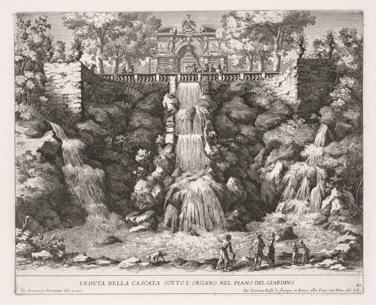 The Fountains of Rome, Bog IV, plade 21: Udsigt over kaskaden under orglet fra haven. af Giovanni Francesco Venturini