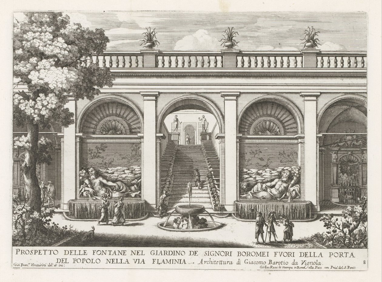 Tuin van een paleis te Rom Prospekt af springvandene i herrernes Boromeis have (...) (titel på objektet) Springvandene i Roms paladser og haver (serietitel) Fonteinen in de paleizen en tuinen van Rome (serietitel) af Giovanni Francesco Venturini