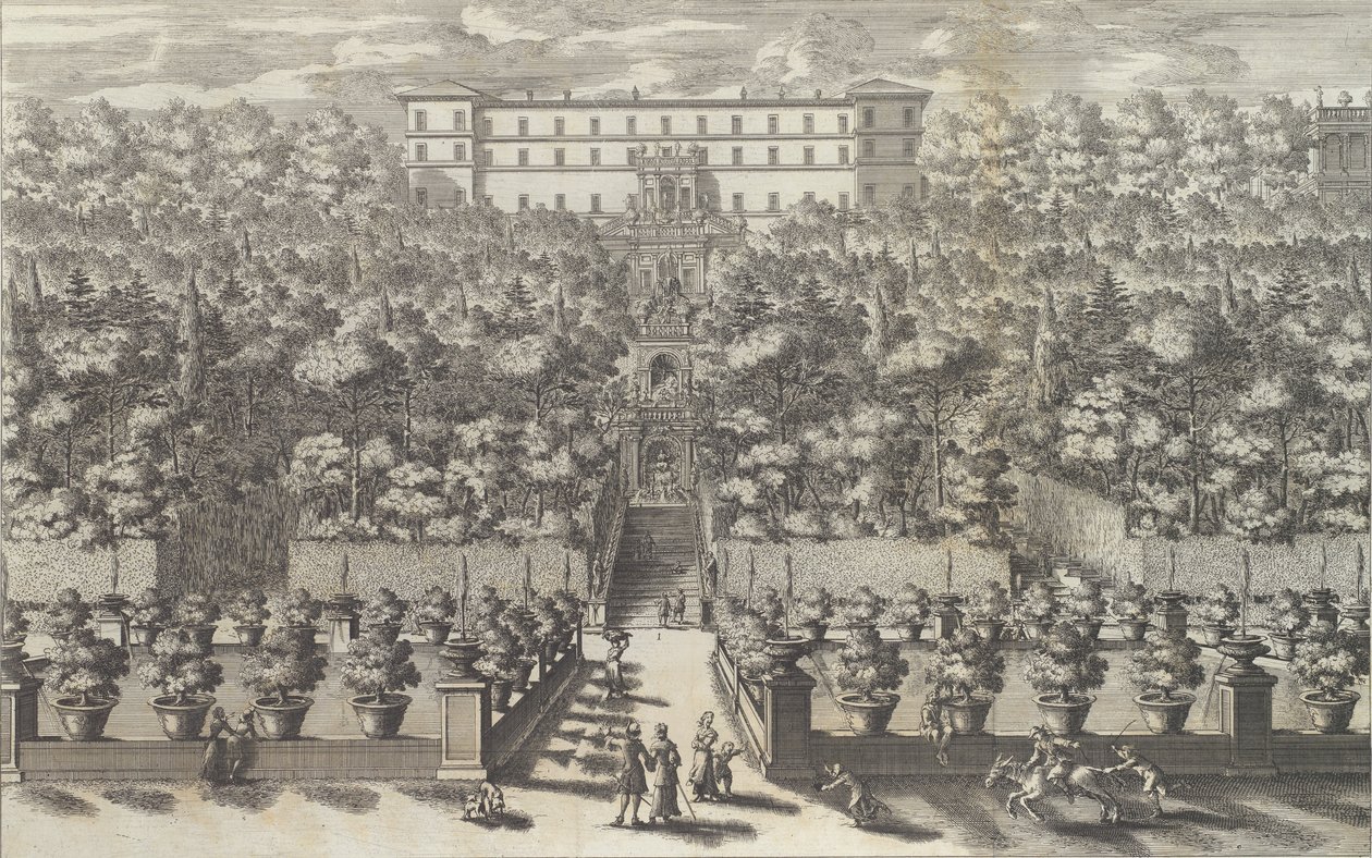 Udsigt over paladset fra haveetagen med dets springvand ..., 1691 eller senere. af Giovanni Francesco Venturini