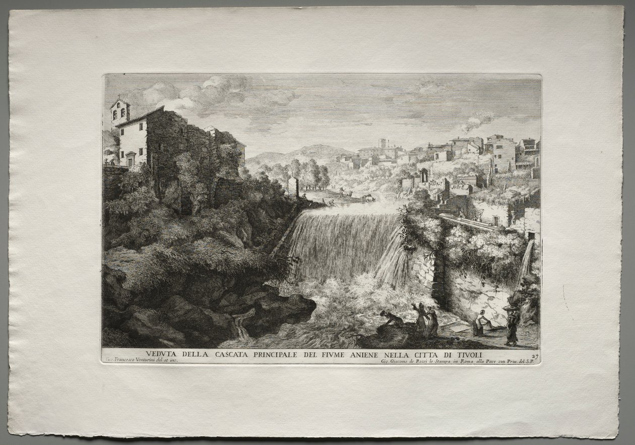 Udsigt over hovedvandfaldet i Aniene-floden i byen Tivoli. af Giovanni Francesco Venturini