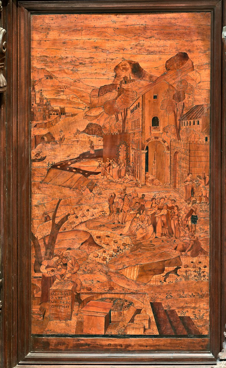 Genova, Duomo (St. Lawrence Cathedral), indvendig, apsis, kor, nordsiden: "Moses reddet fra vandet", træ intarsia af Giovanni Francesco Zambelli (XVI århundrede) af Giovanni Francesco Zambelli