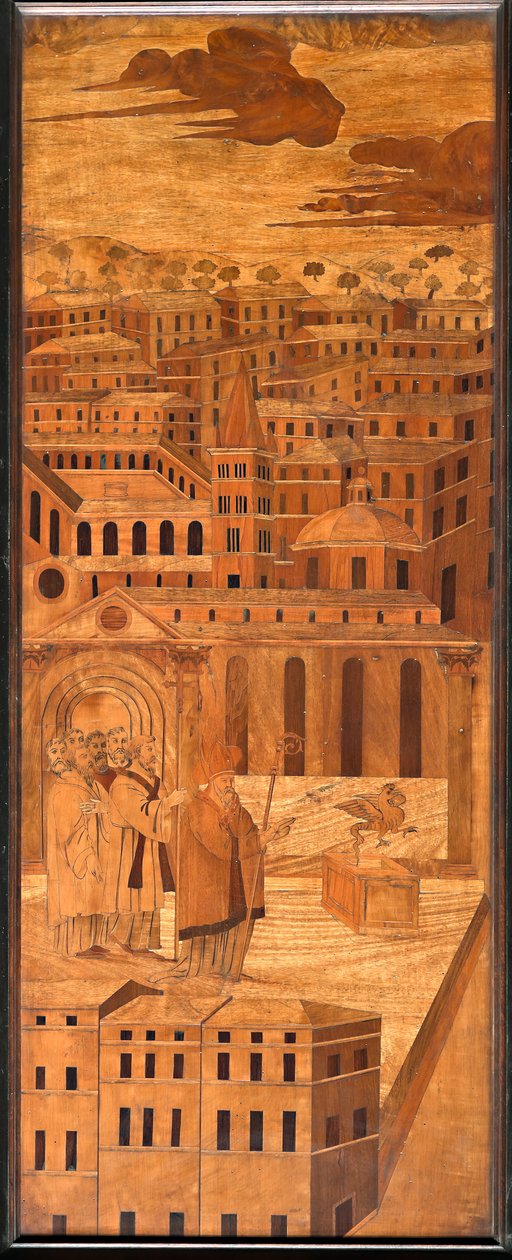 Genova, Duomo (St. Lawrence Cathedral), indvendigt, apsis, kor, nordsiden: "St Syrus driver basilisken væk", træ intarsia af Anselmo De 