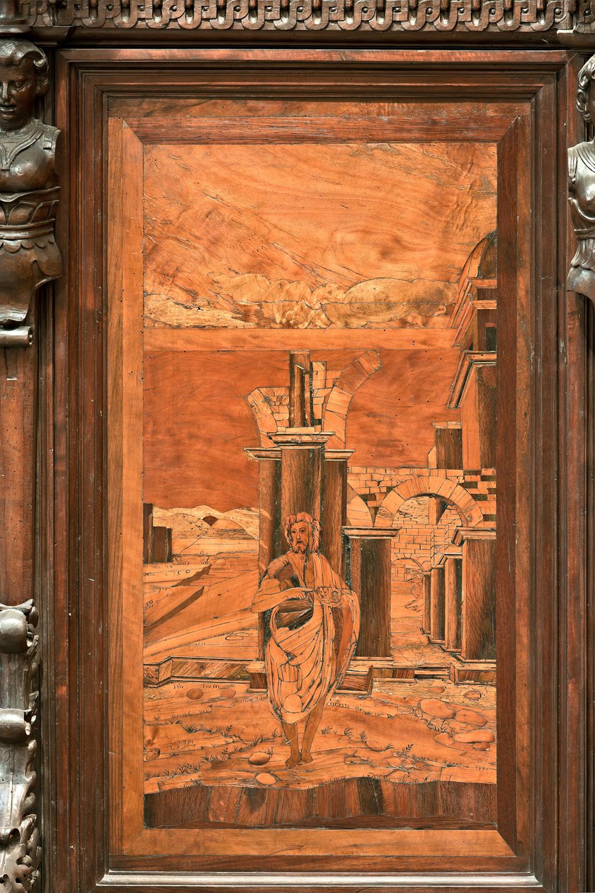 Genova, Duomo (St. Lawrence Cathedral), indvendig, apsis, kor, nordsiden: "Døberen i ørkenen", træ intarsia af Giovanni Francesco Zambelli (XVI århundrede) af Giovanni Francesco Zambelli