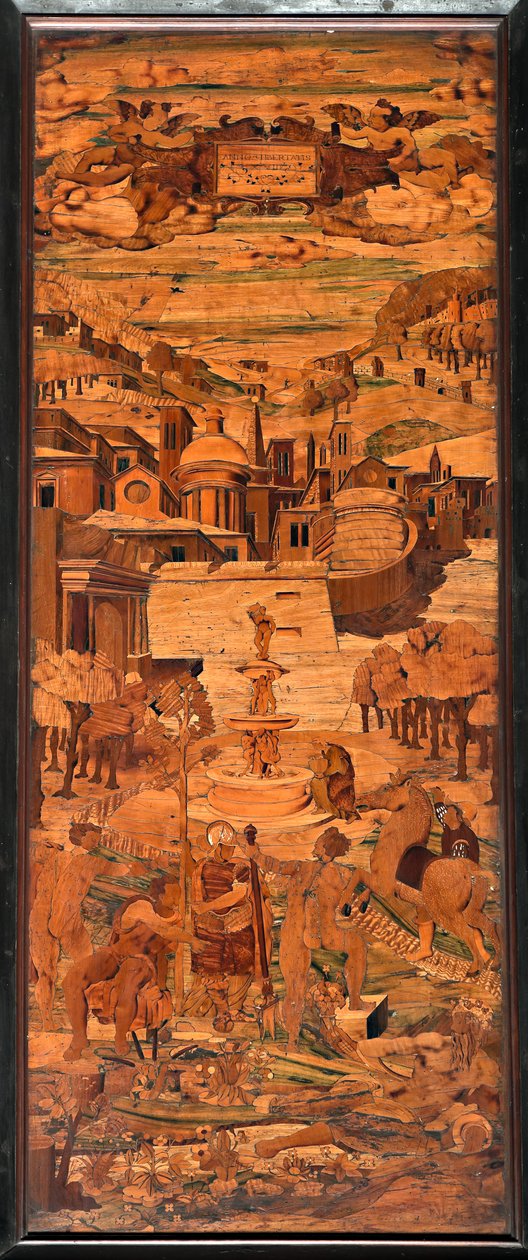 Genova, Duomo (St. Lawrence Cathedral), indvendig, apsis, kor, sydside: "Allegory", træ intarsia af Giovanni Francesco Zambelli (XVI århundrede) af Giovanni Francesco Zambelli