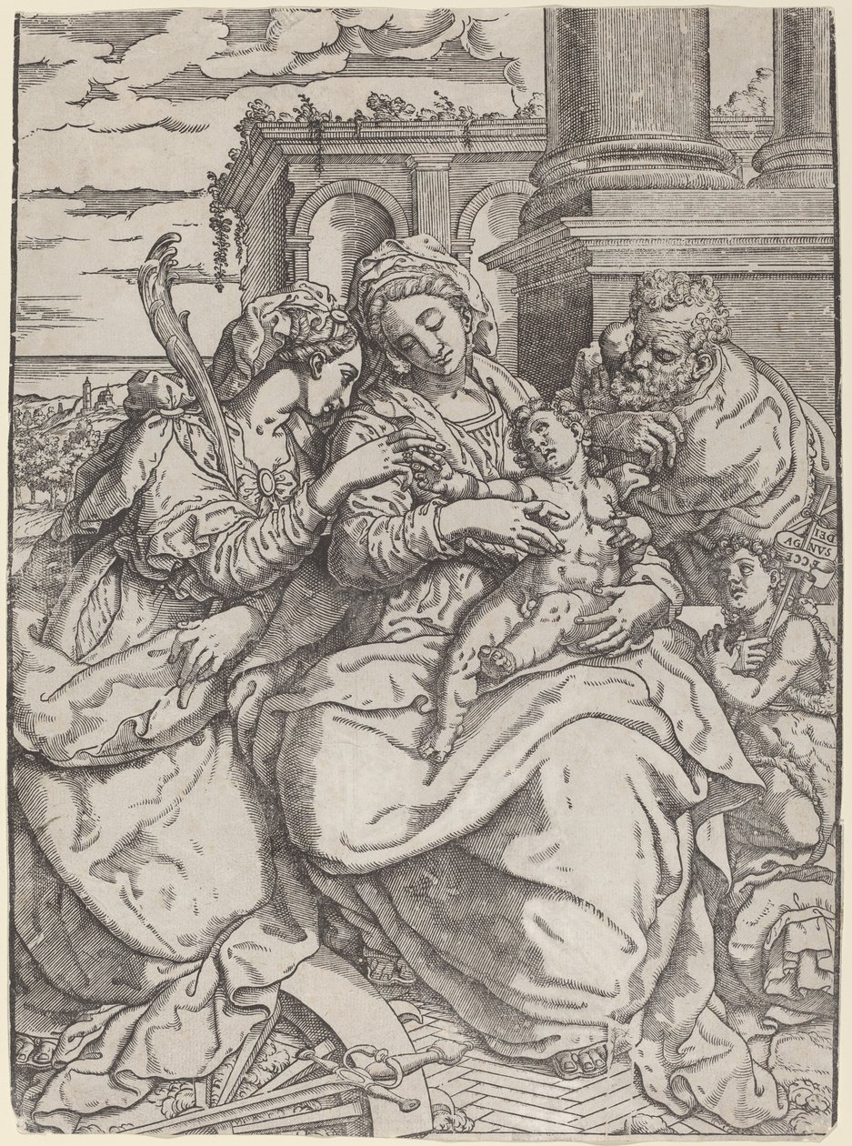 Madonna og barn med Saint Catherine af Giovanni Gallo after Marco Pino