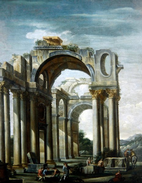 En Capriccio af klassiske ruiner med figurer (olie på lærred) af Giovanni Ghisolfi