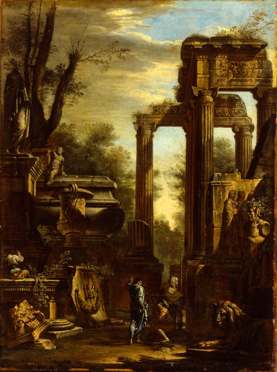 Capriccio af klassiske ruiner og statuer med tal, der taler af Giovanni Ghisolfi