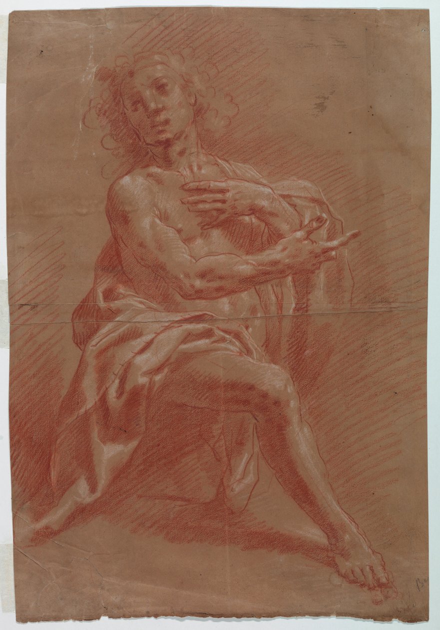 Tegning, Knælende mand, til Hyrdernes tilbedelse, 1601-1650 af Giovanni Giacomo Barbelli