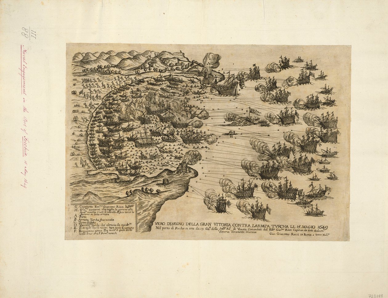 DET SANDE FORMÅL MED DEN STORE SEJR OVER LARMATA TVRCHA LI. 15. MAJ 1649 I havnen i Focchie i Asien af. 17. Ga:ni af Sere:ma Re.a af Venetien Kommanderet af Ecc:mo Gia.mo Riua Kaptajn på nævnte galeoner Sandelig glorværdig sejr af Giovanni Giacomo De Rossi