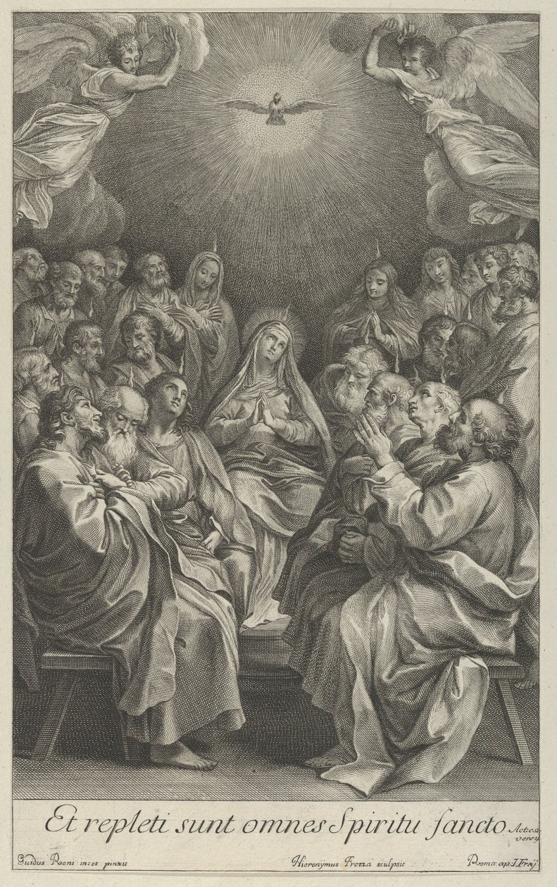 Jomfruen med apostle ser op mod den hellige due og to engle, efter Reni, 1700-50. af Giovanni Girolamo Frezza