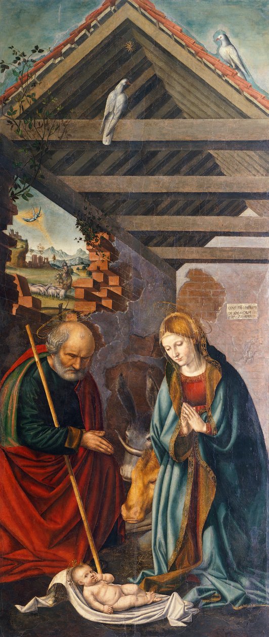 Tilbedelse af barnet, centralt panel i triptykon, der skildrer Fødslen med helgenerne Frans og Bartholomæus med to donorer af Giovanni Girolamo Savoldo