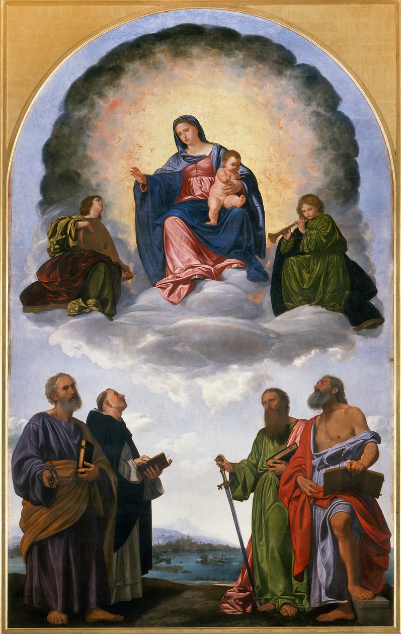 Madonna i herlighed med Kristusbarnet, to englemusikanter, St. Peter, St. Dominic, St. Paul og St. Hieronymus (Pesaro-altertavle) af Giovanni Girolamo Savoldo