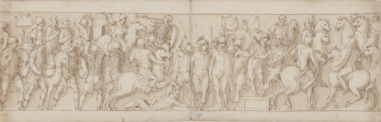 En sarmatisk landsby bliver ødelagt under kejserens øjne (XCVIII og begyndelsen af IC); barbarer ser på fra et stativ (CVI); Marcus Aurelius modtager en ridende tysk budbringer til hest (CVII) af Giovanni Guerra
