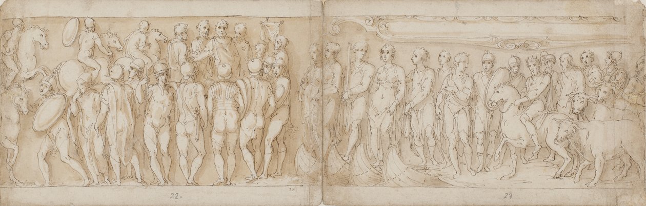 Barbarerne hylder kejseren (CXIV); Tyskere og sarmatere bliver bragt over Donau med skib (fortolket anderledes af Guerra; CXV) af Giovanni Guerra