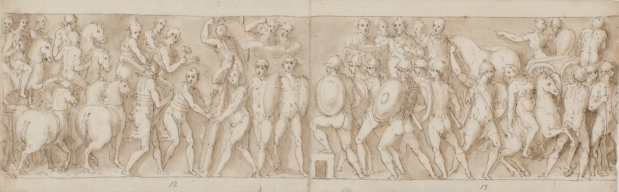 Slut på en march af kejseren med hans legionærer og vagter (slutningen af XCIII); romerne byggede en lejr (begyndelsen af XCIV); romerne på march med kejseren (XXXV / XXXVI) af Giovanni Guerra