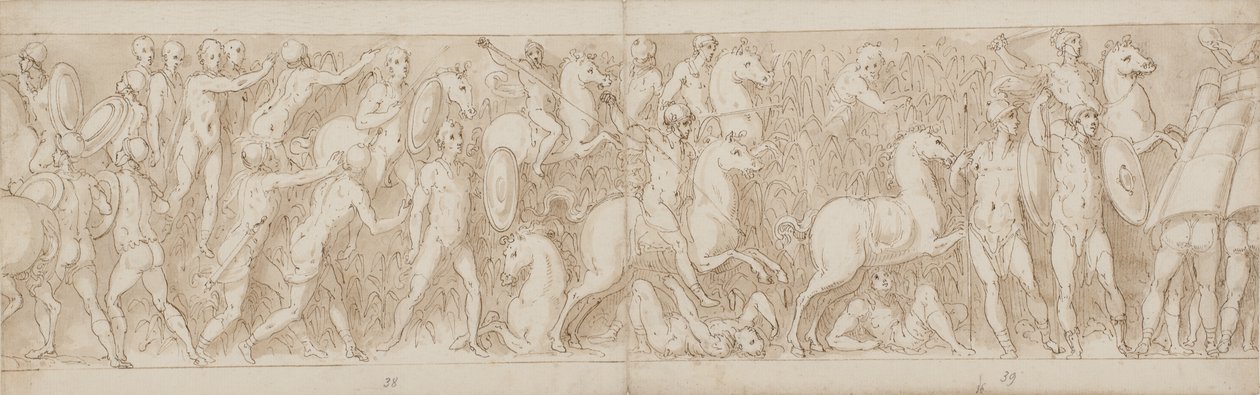 Slutningen af en restaureret del af søjlen (XLVII); Sarmaterne forfølges ind i sumpen (XLVIII); romerne angriber en tysk (?) fæstning (begyndelsen af LIV) af Giovanni Guerra