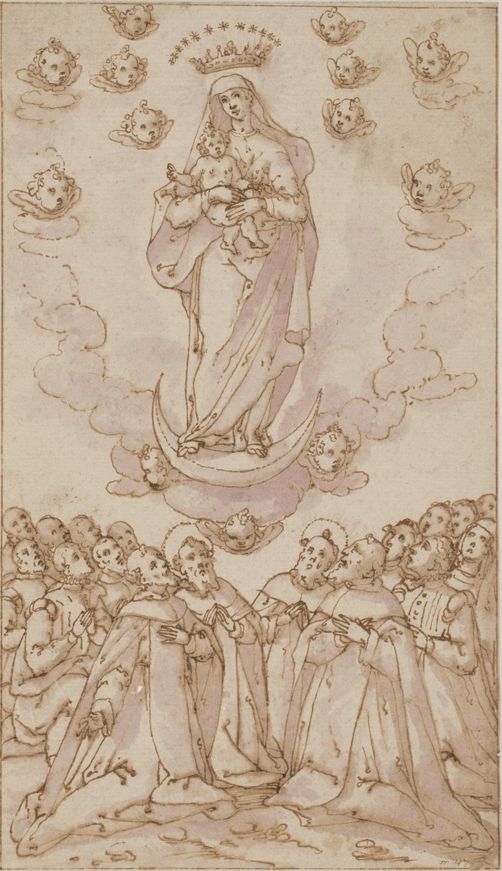 Madonna og barn på en halvmåne, der viser sig for en gruppe af helgener, præster og lægmænd af Giovanni Guerra